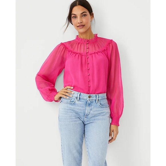 NWT Ann Taylor Barbie Pink Ruffle Shirred Yoke Button Casual Work Office Blouse‌ - Picture 7 of 8